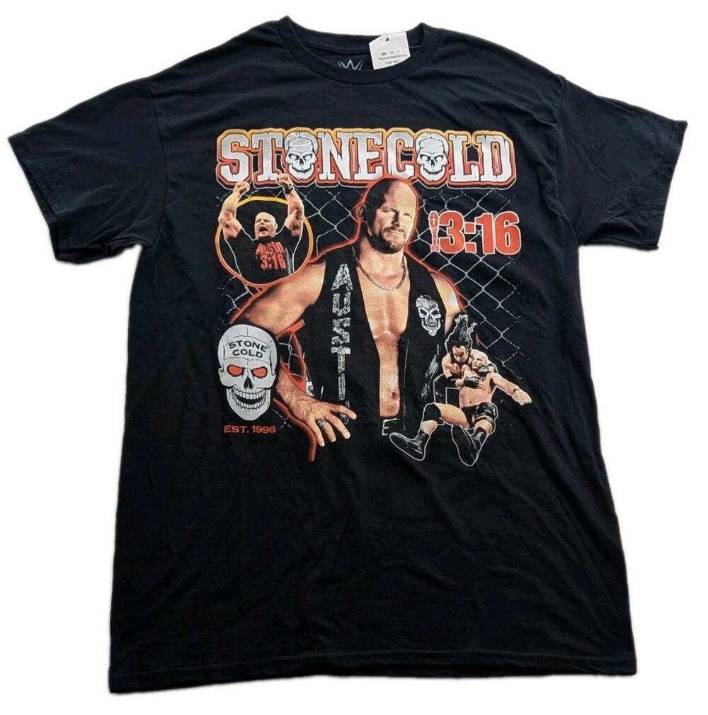 Stone Cold Steve Austin Mens Medium 3:16 WWE Skull Black Short Sleeve T-Shirt